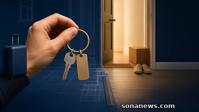 Hand houdt huissleutel en blanco logiestag tussen koffer, verhuisdoos en een half getekende woningdrempel.