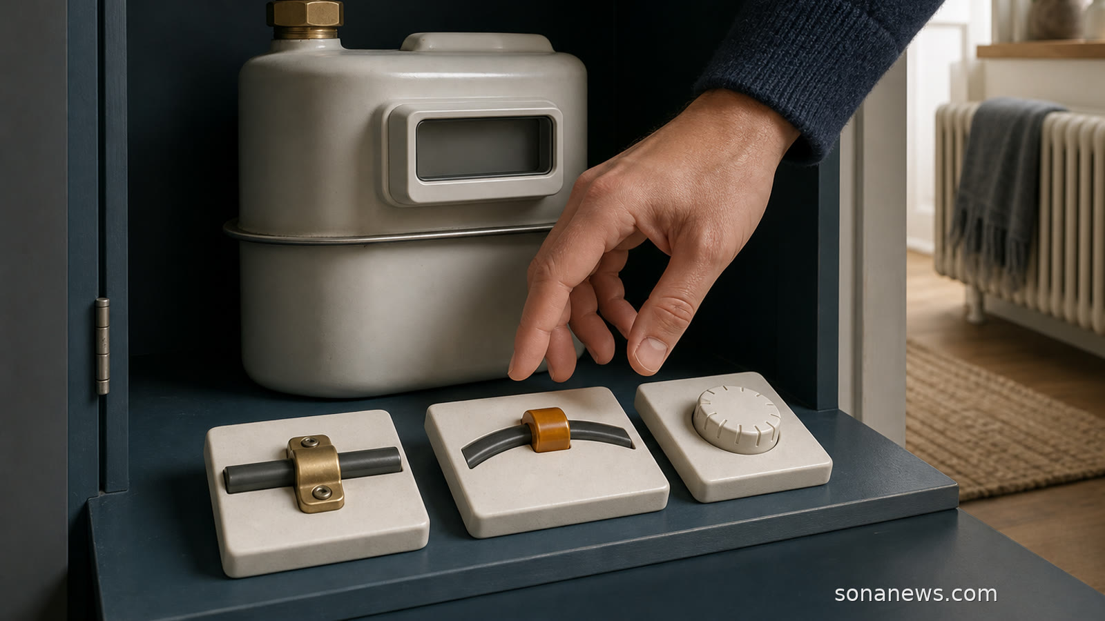 Hand kiest tussen drie onbenoemde contractmechanismen bij een gasmeter, met een radiator op de achtergrond in een Nederlands huis.