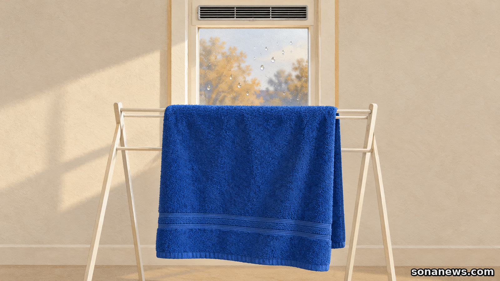 Blauwe handdoek op een droogrek voor een raam met condensdruppels en een ventilatierooster, als illustratie bij was binnen drogen.