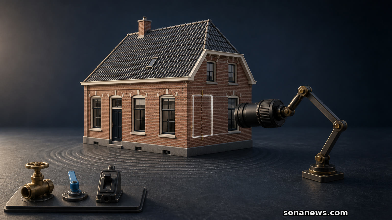 Conceptueel bakstenen huis met fijne scheur, camera en drie veiligheidscontroles na de beving bij Zandeweer.