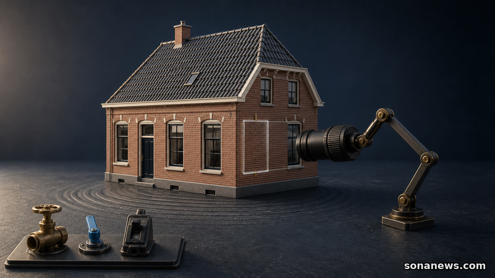Conceptueel bakstenen huis met fijne scheur, camera en drie veiligheidscontroles na de beving bij Zandeweer.
