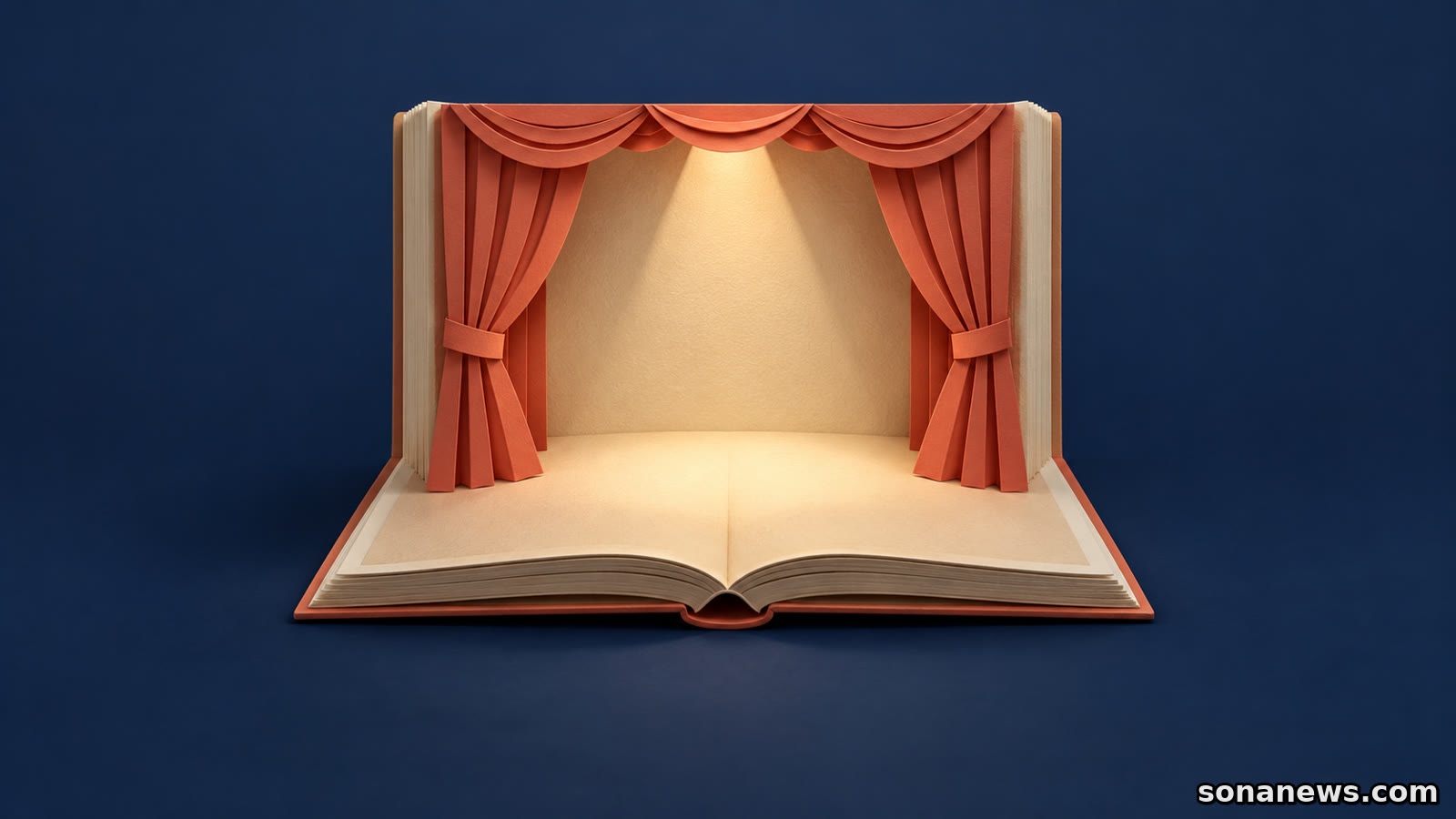 Open boek als papieren theatertje met koraalrode gordijnen en een lichtbundel, als illustratie bij het podiumthema van de Kinderboekenweek.