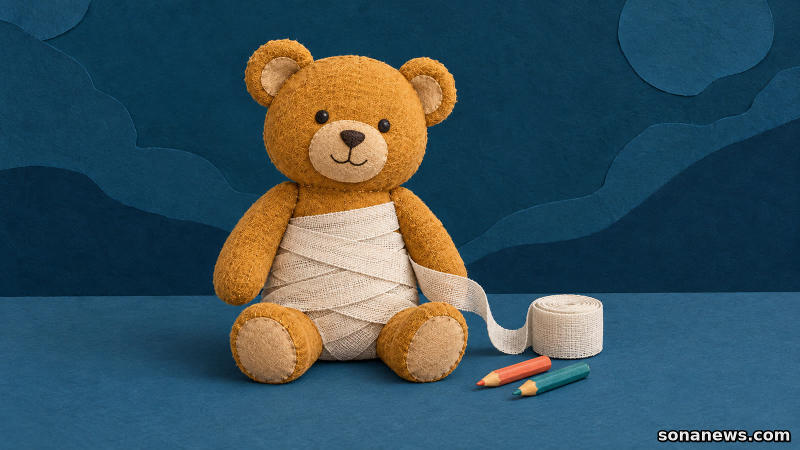 Speelgoedbeer gedeeltelijk in wit verband naast een losse rol en kleurpotloden, als illustratie bij knuffels mummificeren in Leiden.