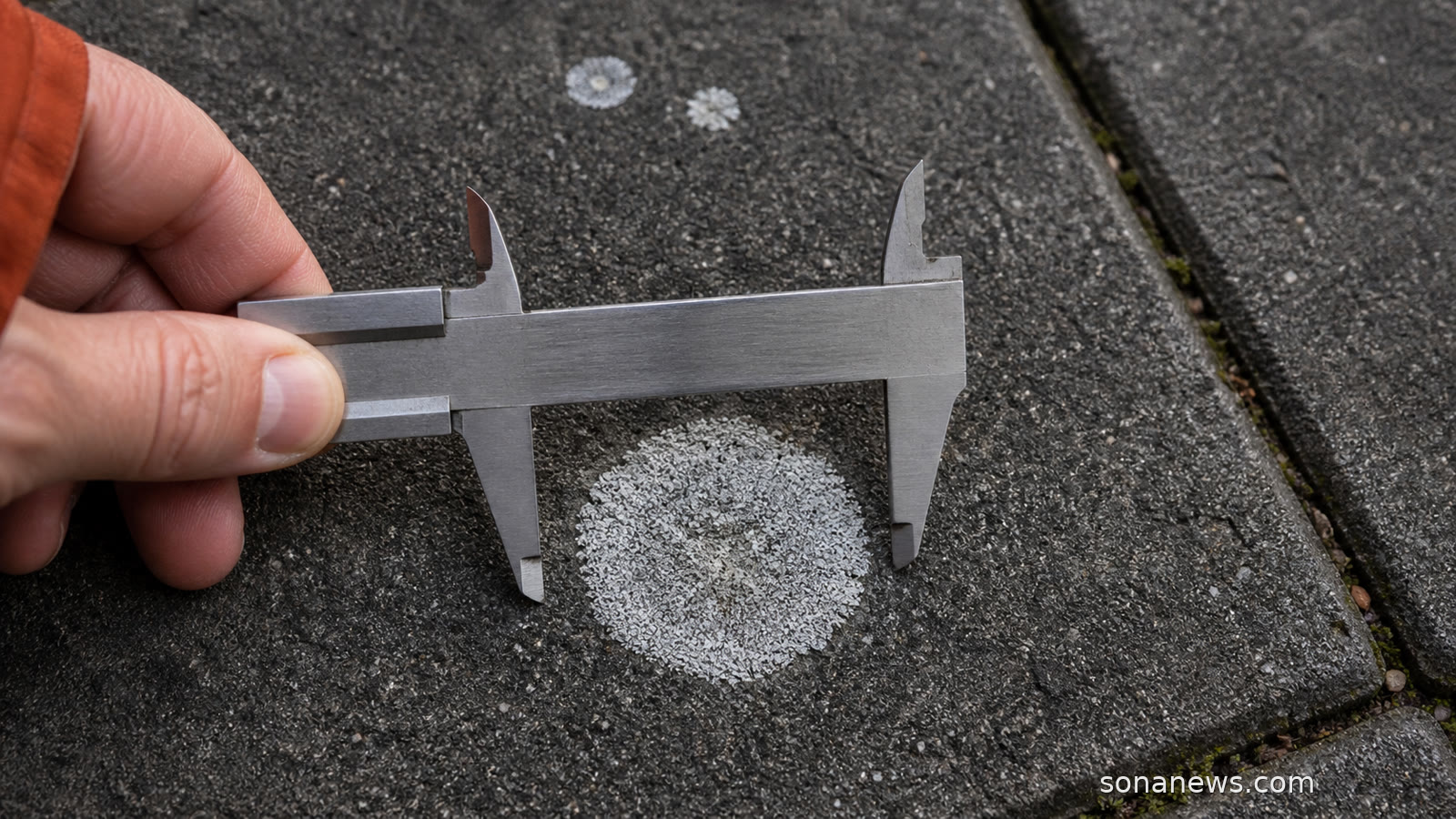 Hand meet rond dambordje op een Nederlandse stoeptegel met een metalen schuifmaat voor nieuw onderzoek naar stoepleeftijd.