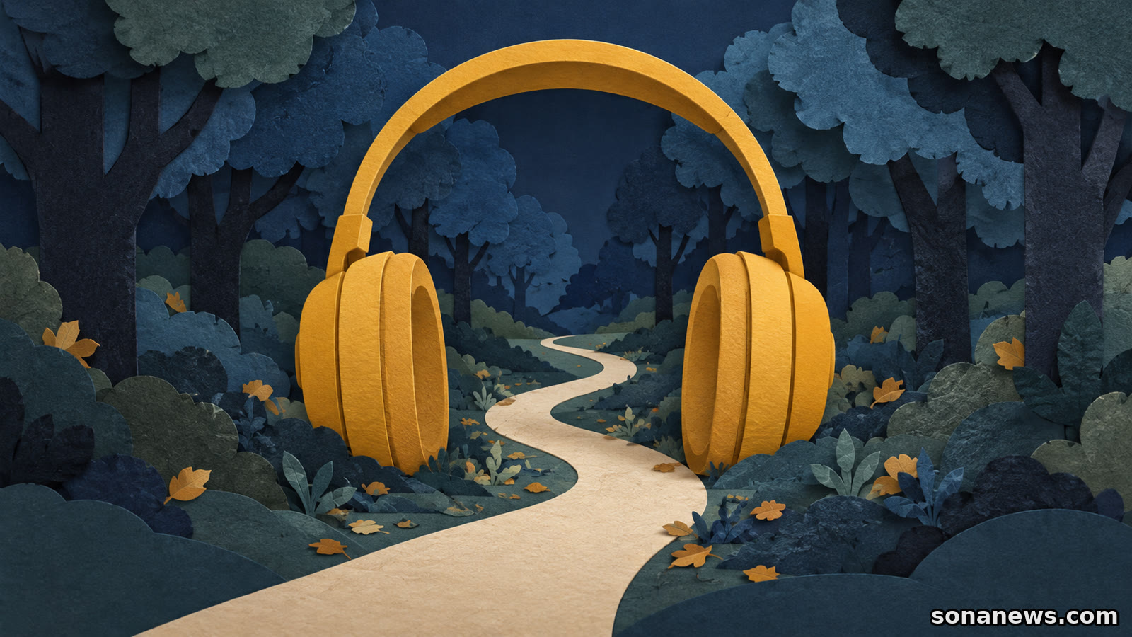Conceptuele illustratie van een okergele koptelefoon rond een donker wandelpad met bomen, bij de luisterwandelingen tijdens de Nacht van de Nacht.
