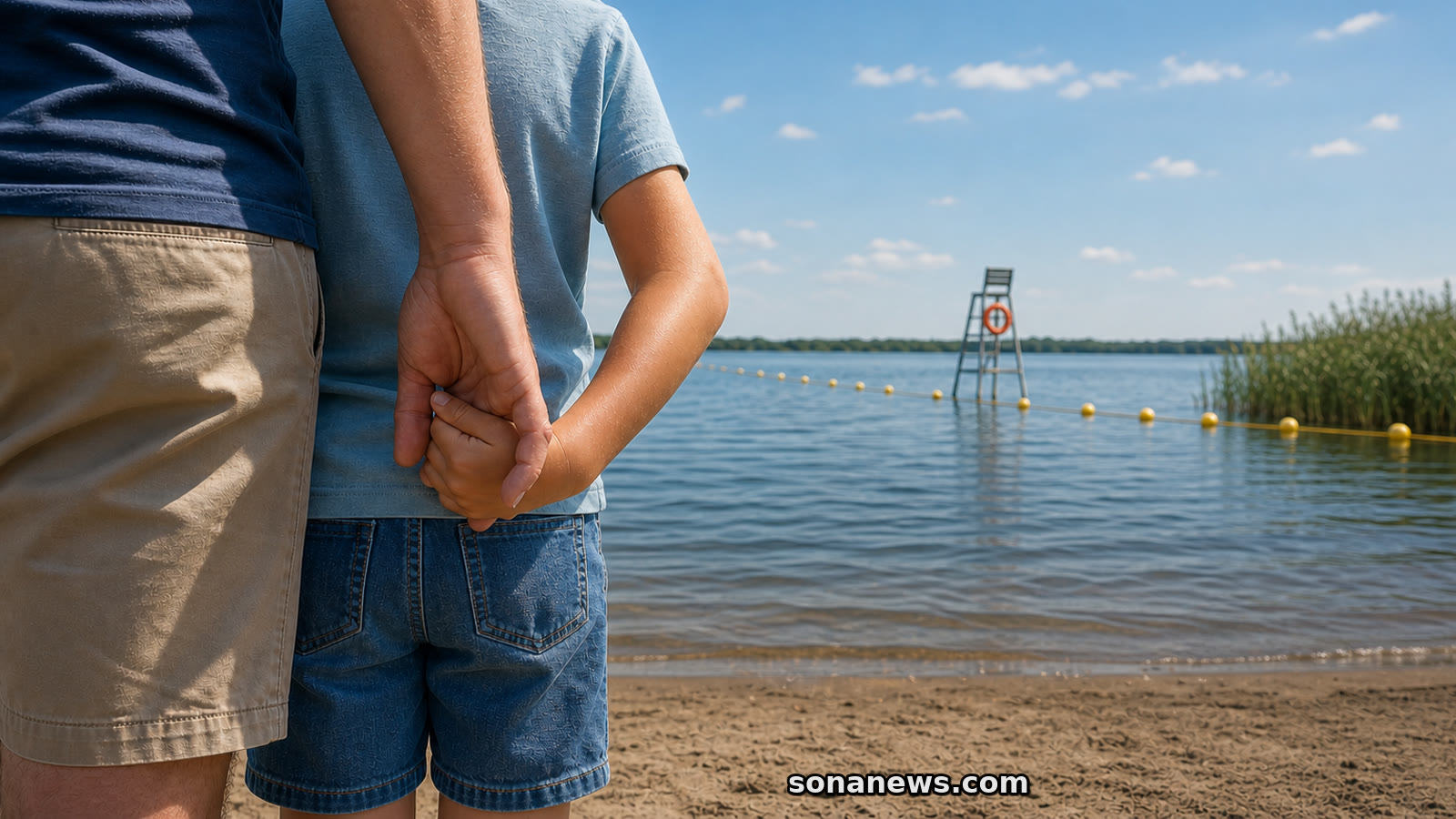 Volwassene houdt een kinderhand vast bij een afgebakende Nederlandse zwemplas met boeienlijn en reddingspost.