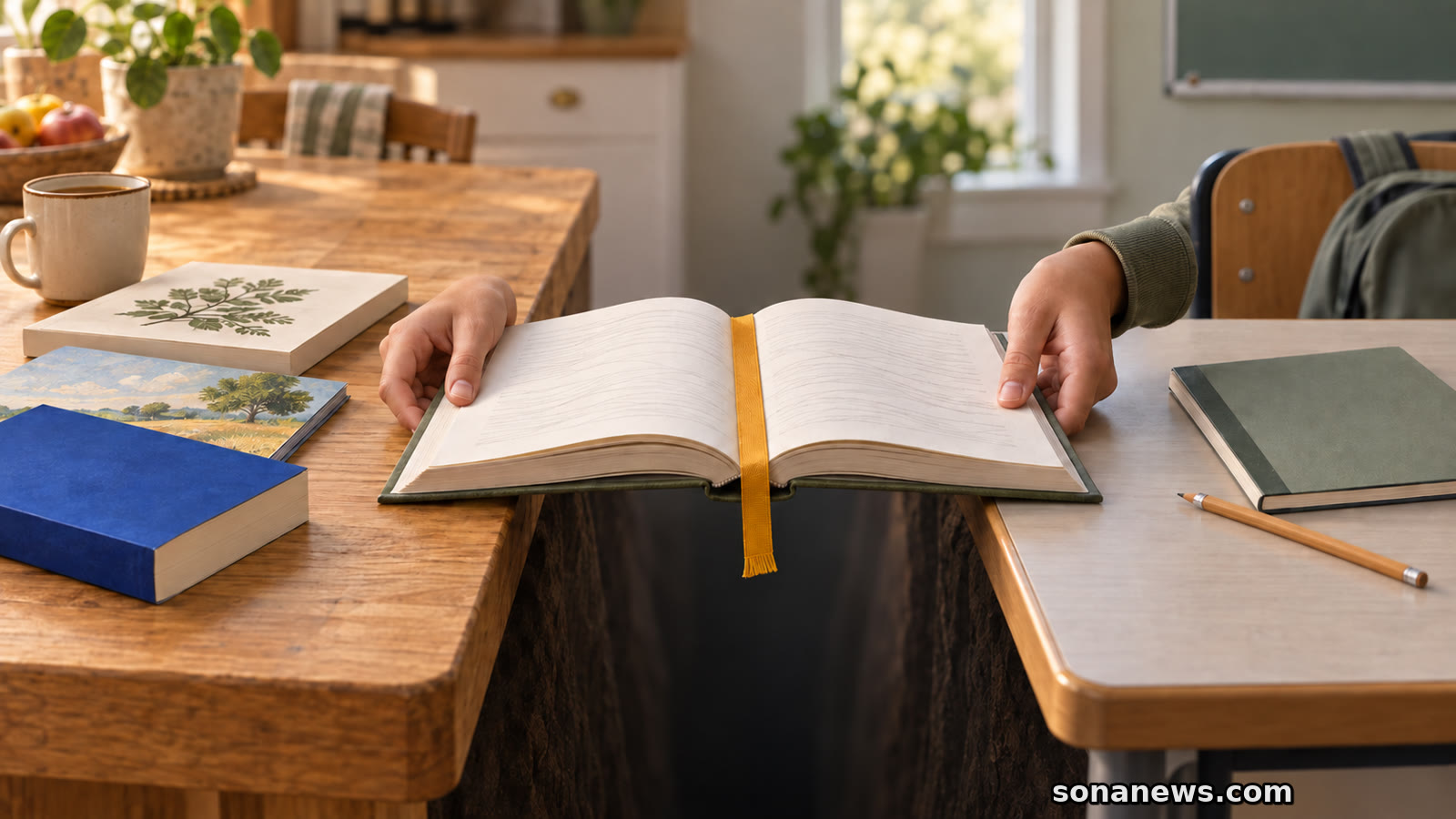 Tienerhanden leggen een open boek als brug tussen thuis en school, symbool voor leesvaardigheid na PISA 2025.