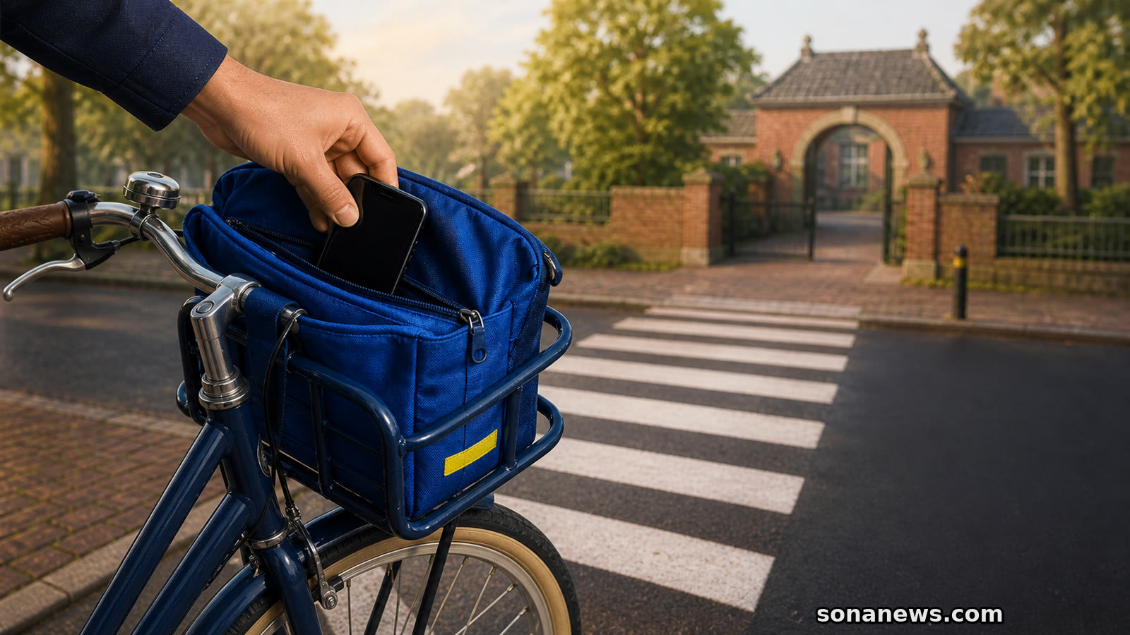 Hand bergt een telefoon op in een schooltas op een Nederlandse fiets bij een zebrapad naar school.