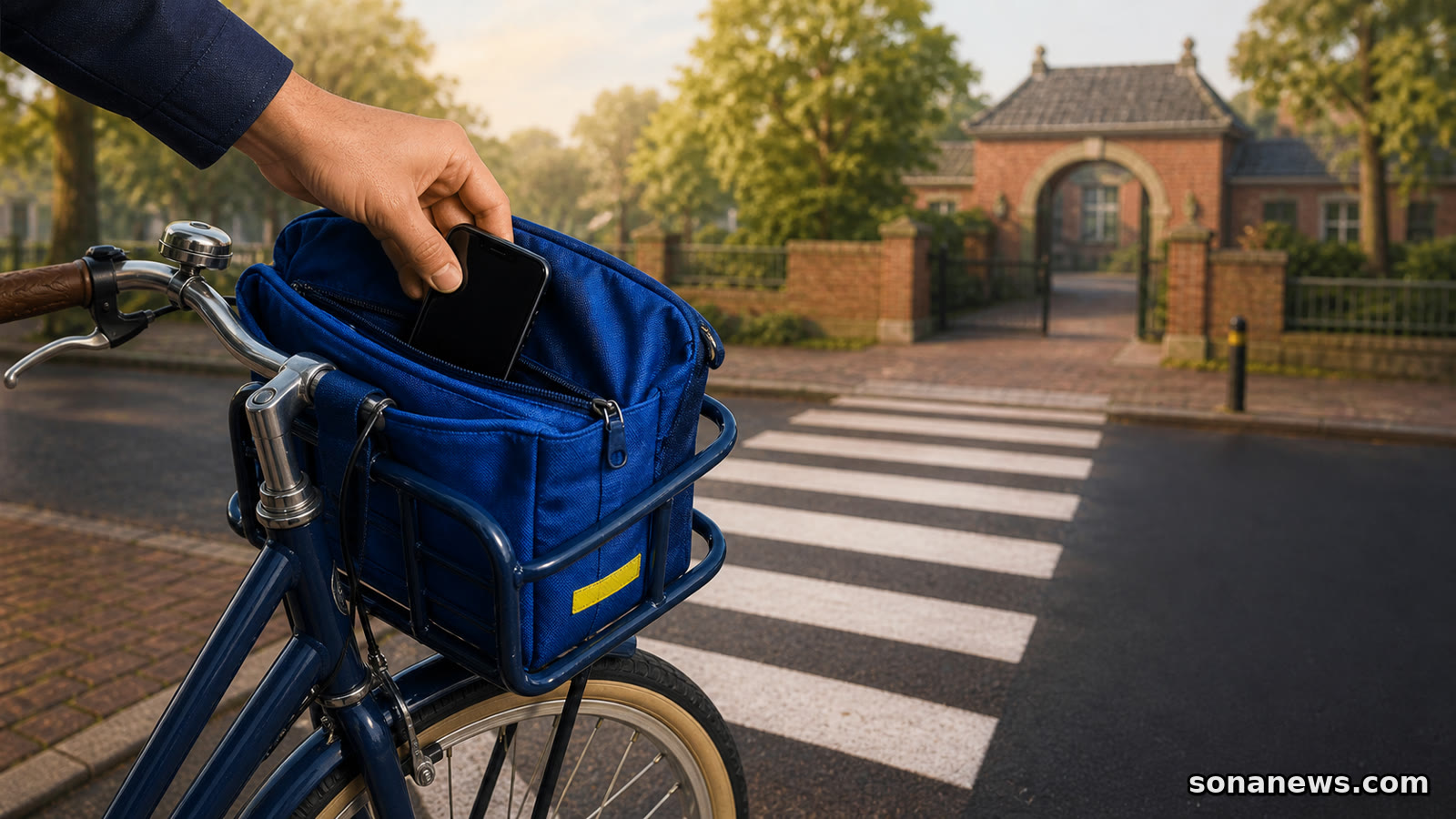 Hand bergt een telefoon op in een schooltas op een Nederlandse fiets bij een zebrapad naar school.