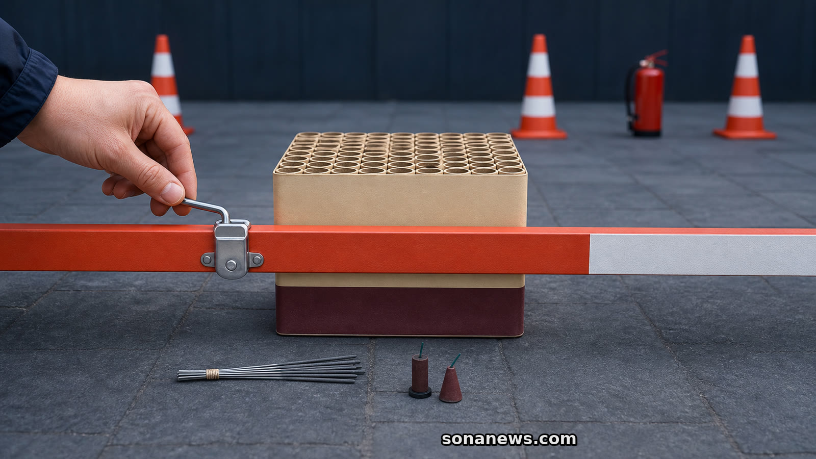 Een onontstoken vuurwerkbatterij staat achter een gesloten slagboom, terwijl klein F1-vuurwerk aan de toegestane kant blijft.