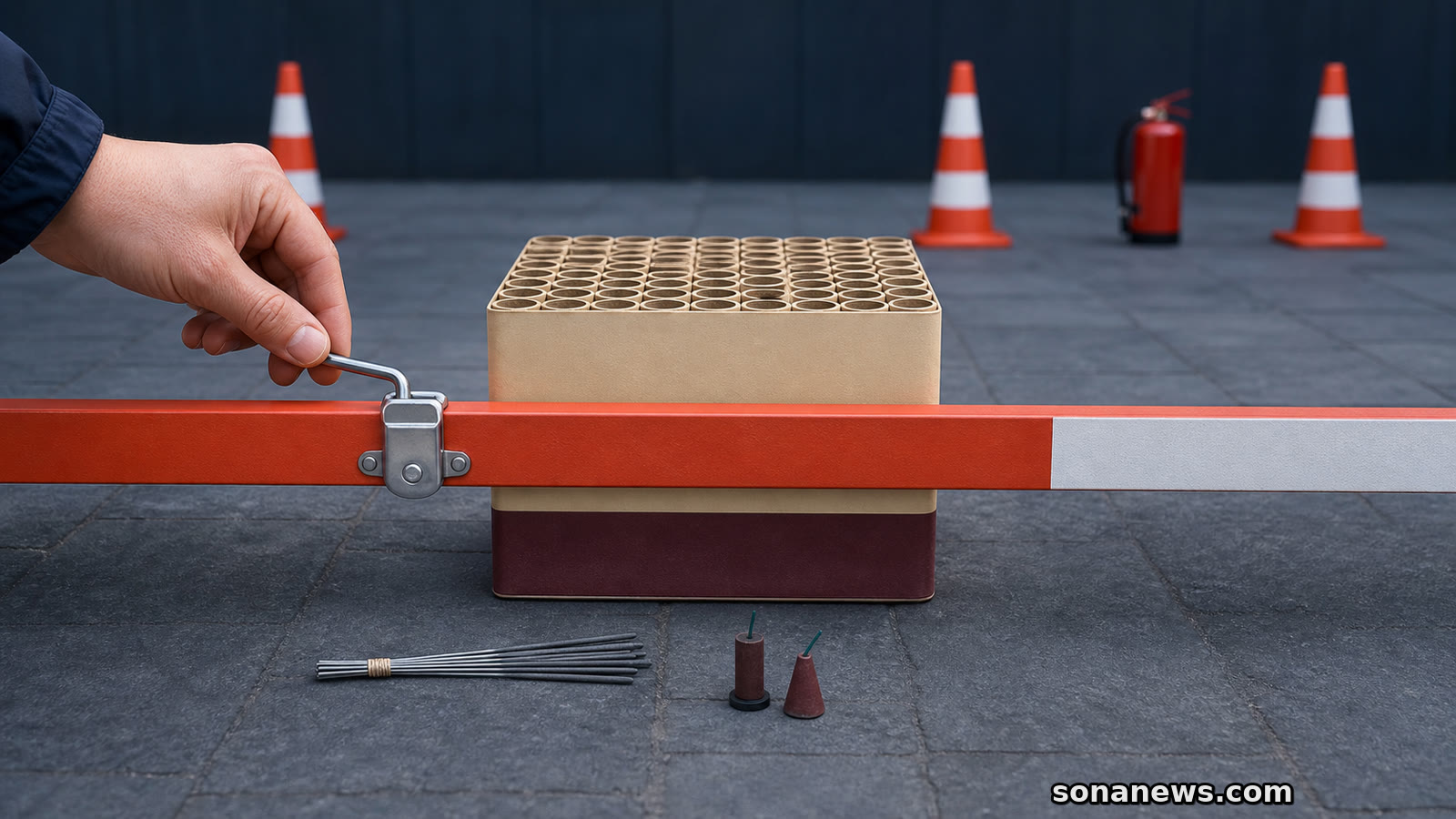 Een onontstoken vuurwerkbatterij staat achter een gesloten slagboom, terwijl klein F1-vuurwerk aan de toegestane kant blijft.