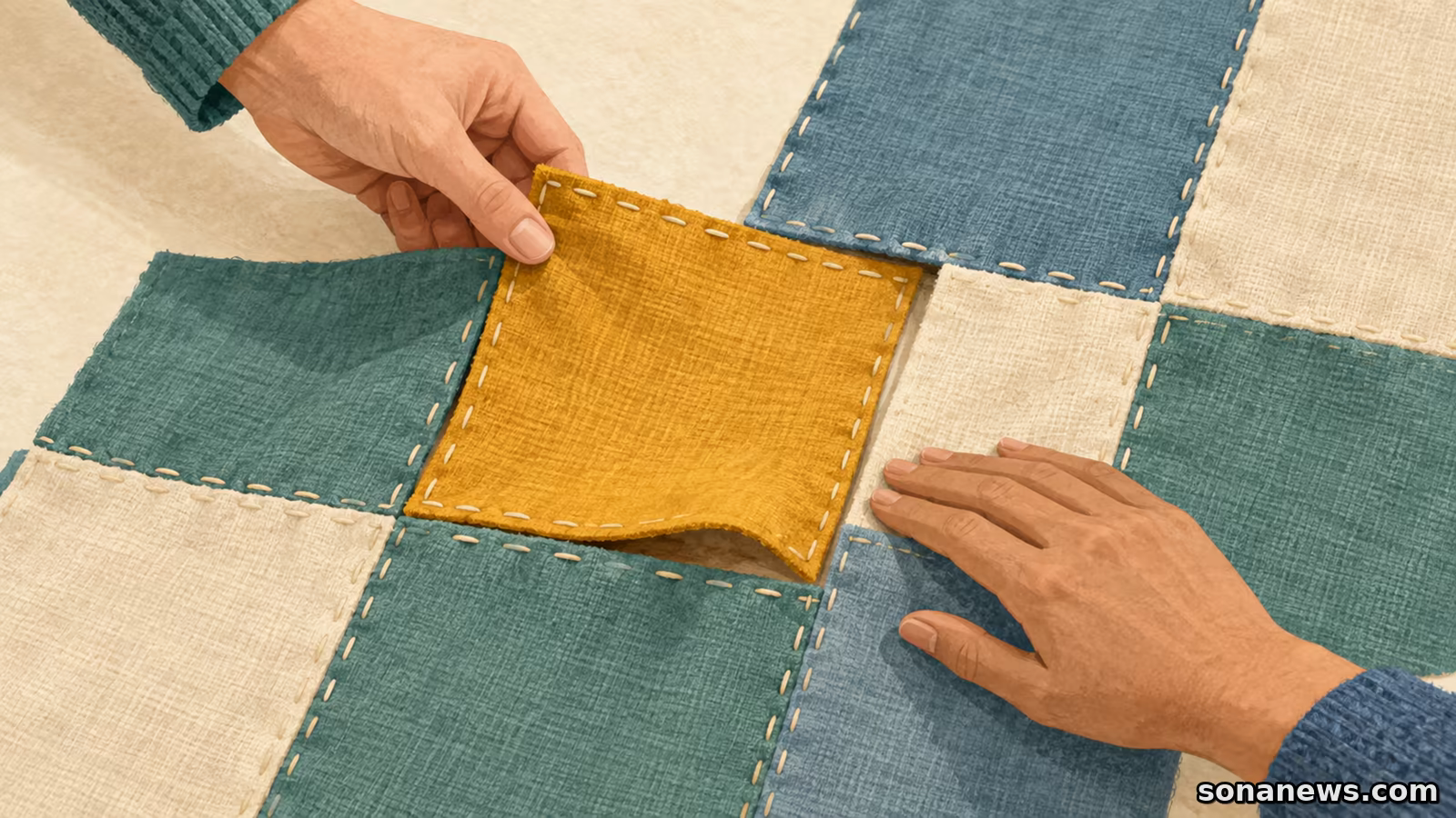 Twee handen voegen een okergeel lapje toe aan een gezamenlijk patchwork, als illustratie bij de Week tegen Eenzaamheid.