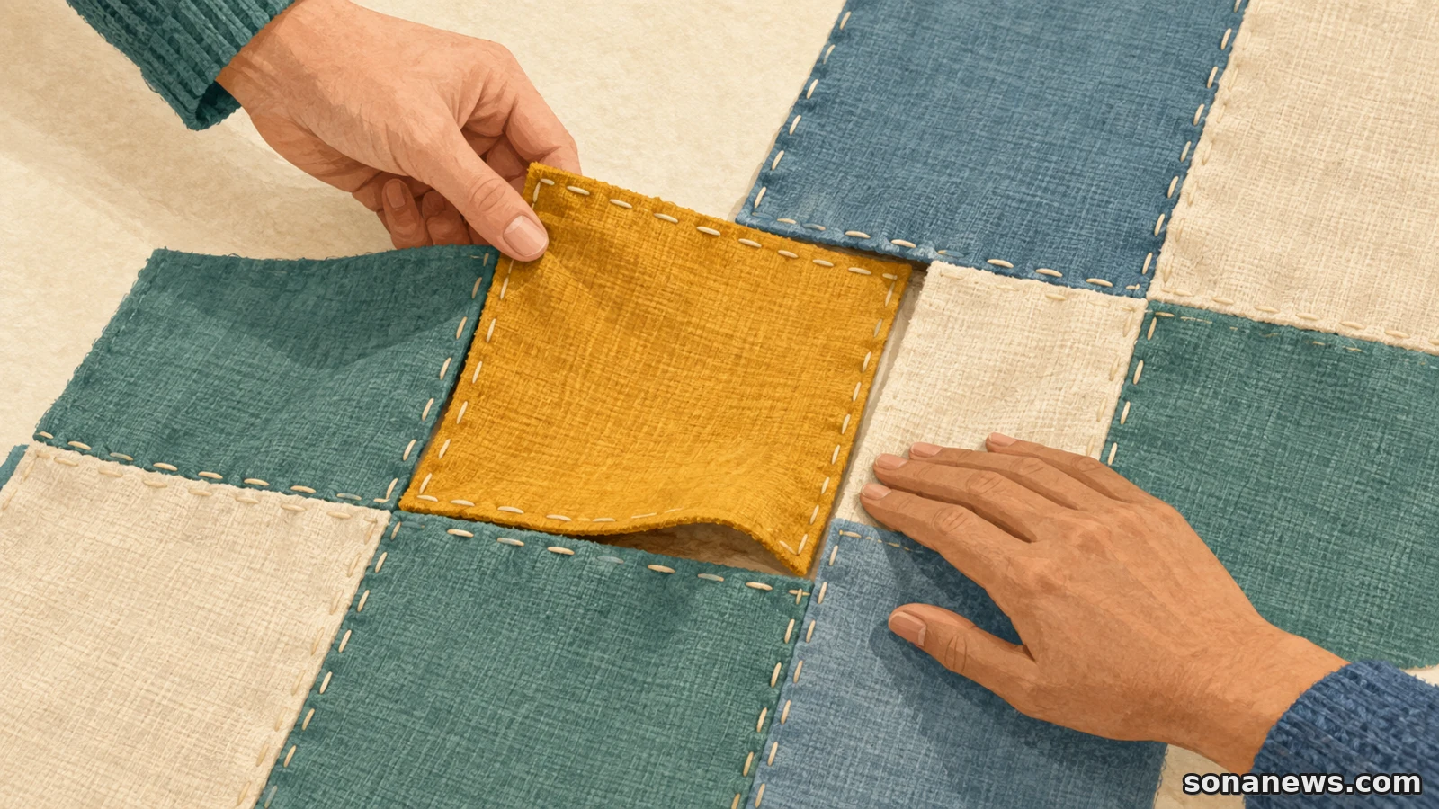 Twee handen voegen een okergeel lapje toe aan een gezamenlijk patchwork, als illustratie bij de Week tegen Eenzaamheid.
