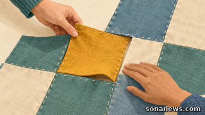 Twee handen voegen een okergeel lapje toe aan een gezamenlijk patchwork, als illustratie bij de Week tegen Eenzaamheid.