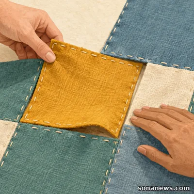 Twee handen voegen een okergeel lapje toe aan een gezamenlijk patchwork, als illustratie bij de Week tegen Eenzaamheid.