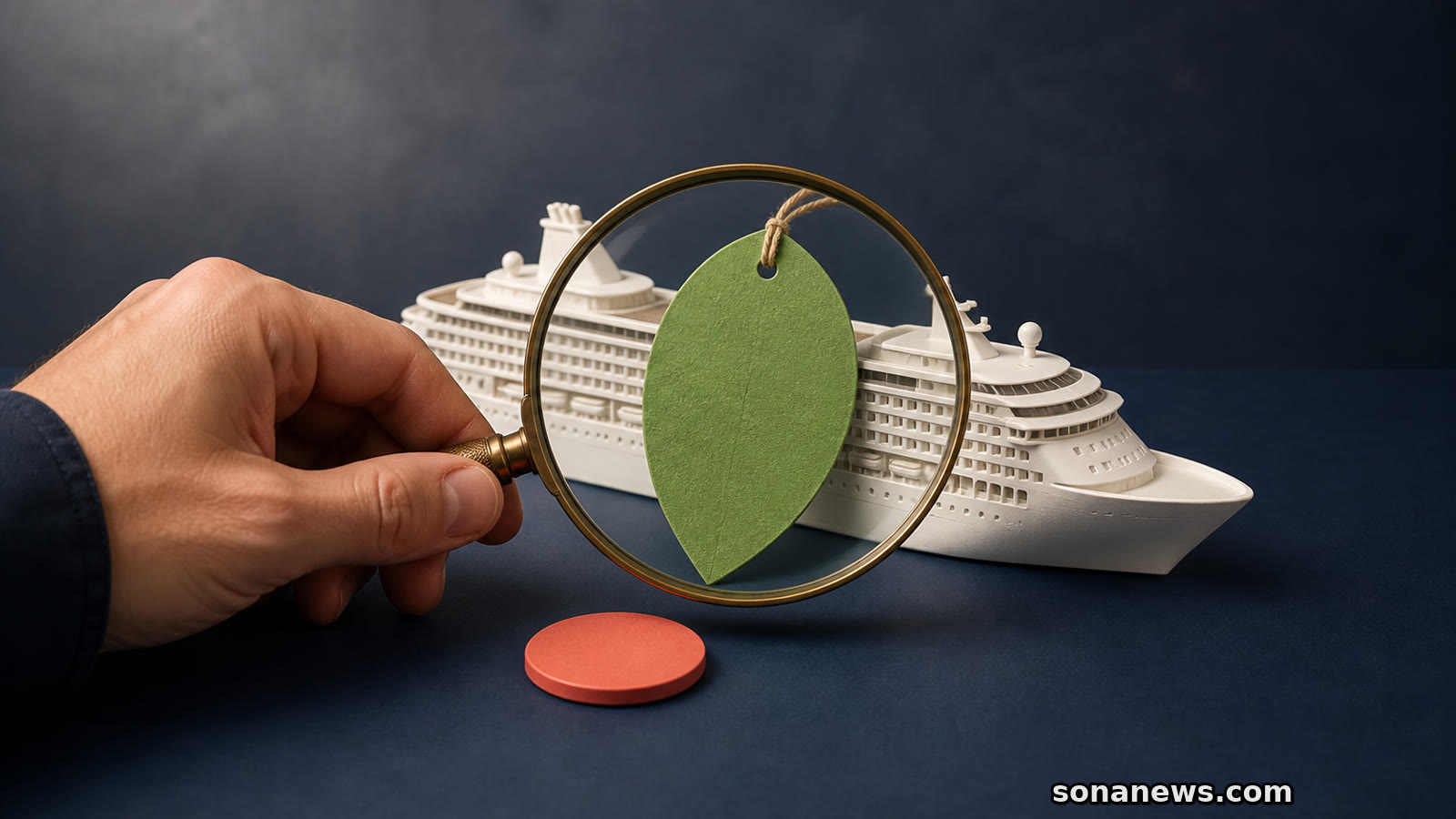 Hand onderzoekt een groene bladtag met vergrootglas voor een ongebonden miniatuurcruiseschip bij een reisboeking.