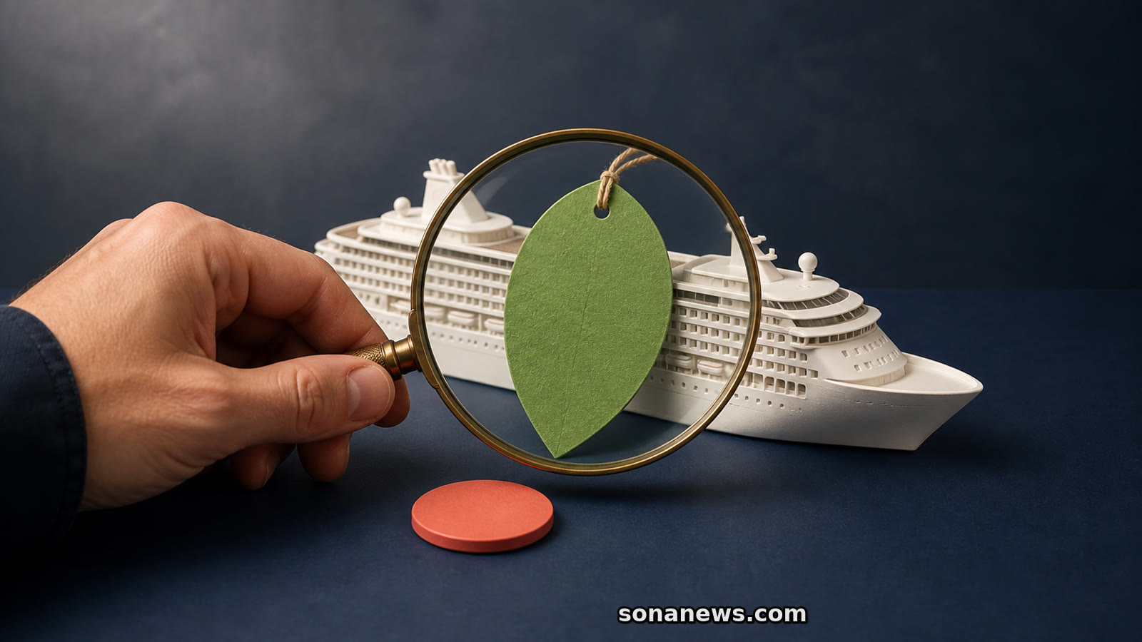 Hand onderzoekt een groene bladtag met vergrootglas voor een ongebonden miniatuurcruiseschip bij een reisboeking.
