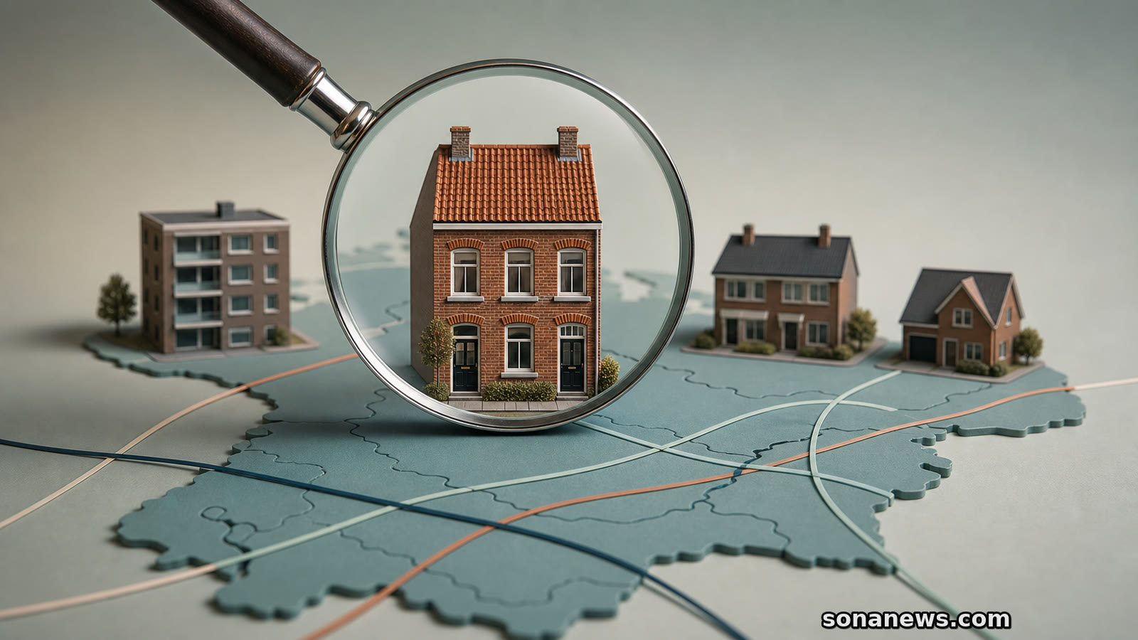 Vergrootglas selecteert één Nederlands bakstenen huis uit woningmodellen op een kaart, als symbool voor lokale duiding van huizenprijzen.