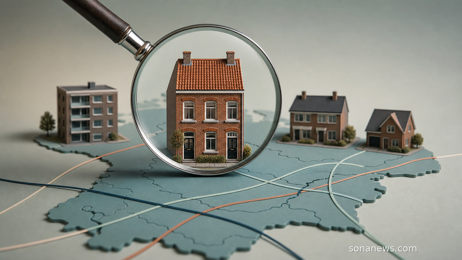 Vergrootglas selecteert één Nederlands bakstenen huis uit woningmodellen op een kaart, als symbool voor lokale duiding van huizenprijzen.