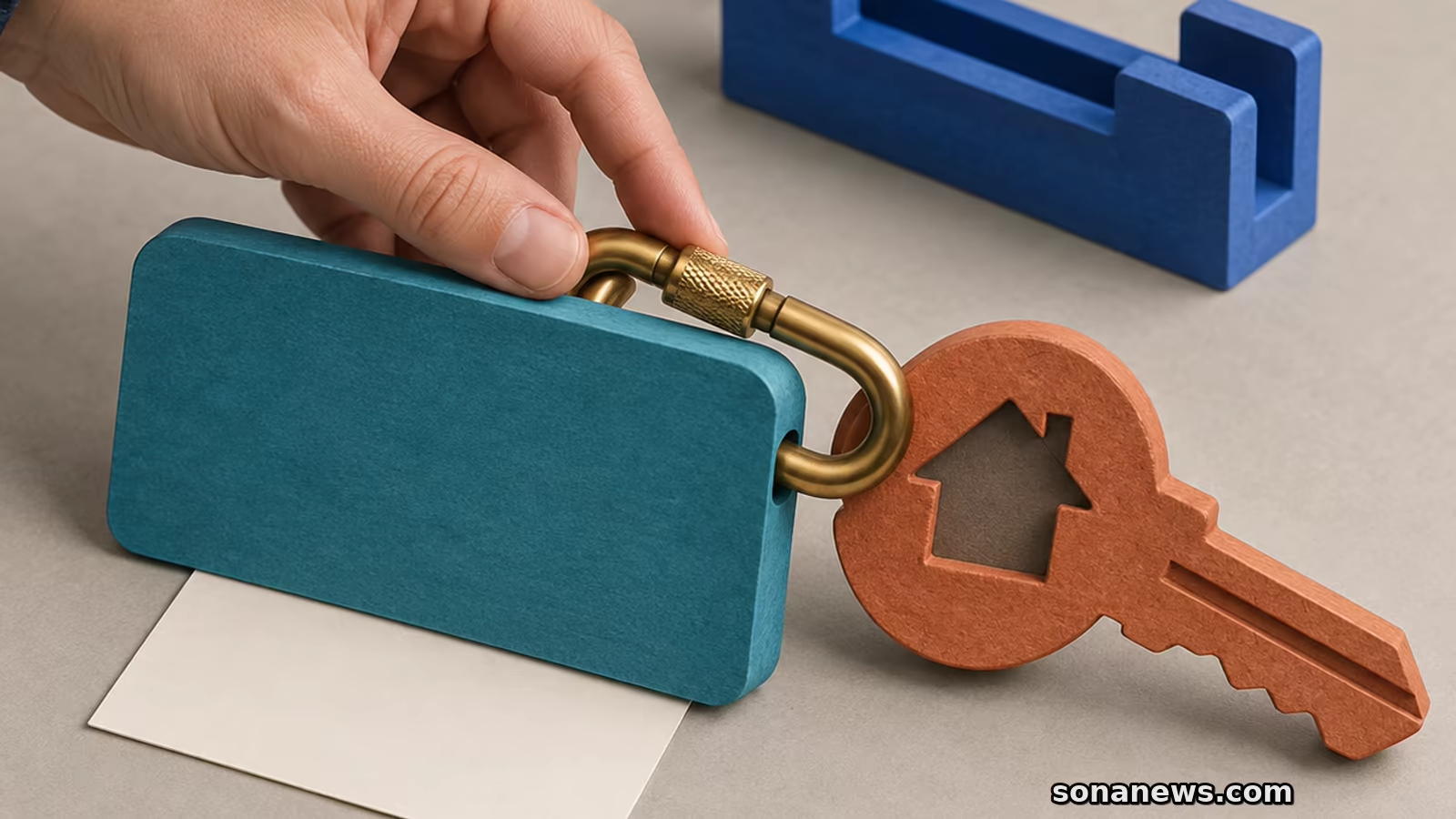 Een hand inspecteert de gesloten koppeling tussen een loonkaart en een huissleutel bij de geplande huurinhoudingsstop.