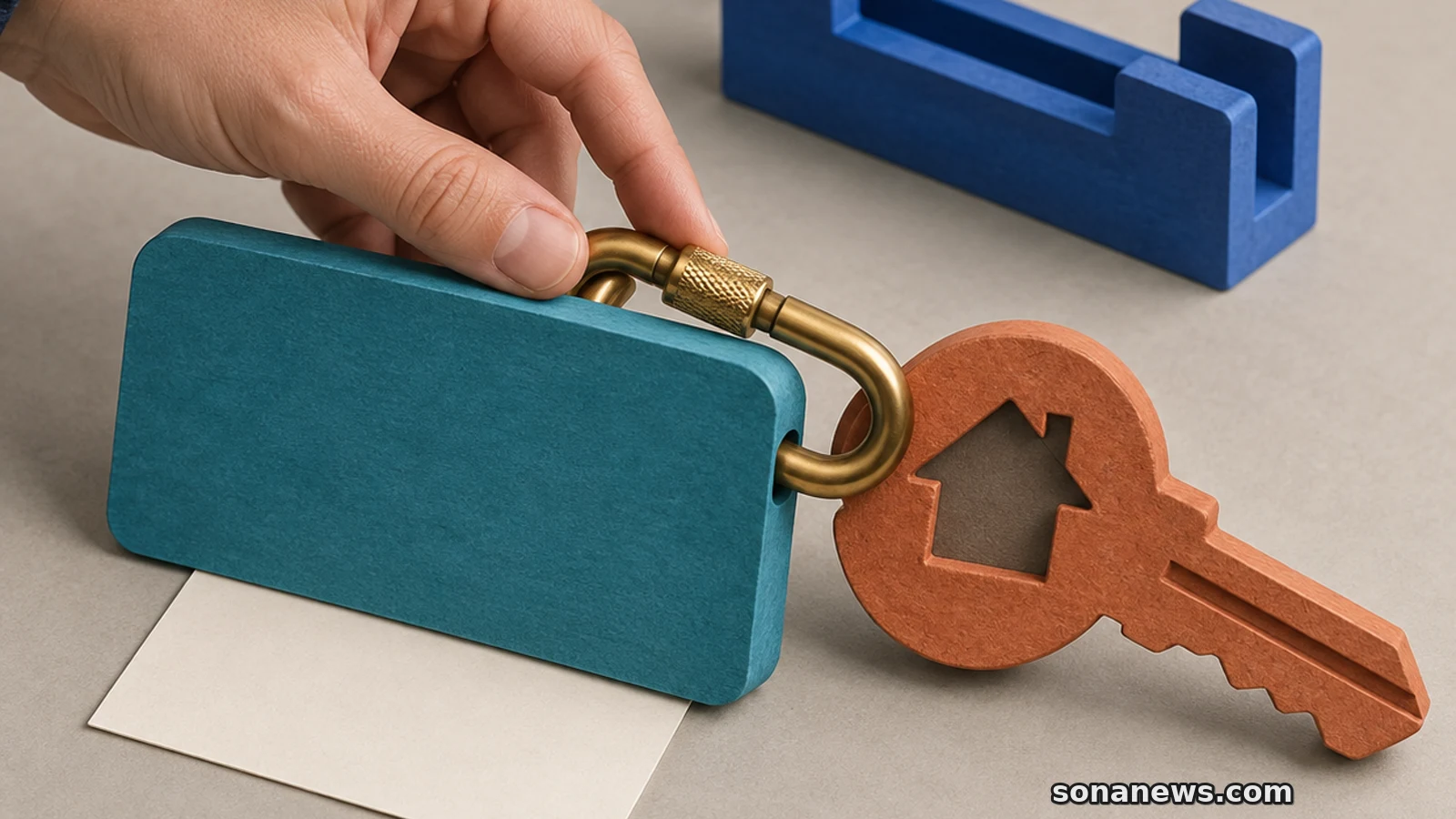 Een hand inspecteert de gesloten koppeling tussen een loonkaart en een huissleutel bij de geplande huurinhoudingsstop.