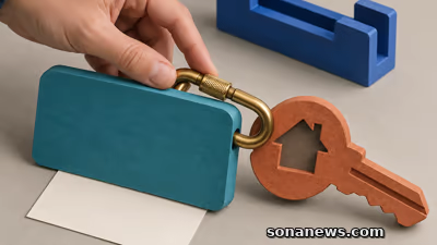 Een hand inspecteert de gesloten koppeling tussen een loonkaart en een huissleutel bij de geplande huurinhoudingsstop.