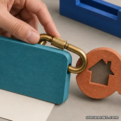 Een hand inspecteert de gesloten koppeling tussen een loonkaart en een huissleutel bij de geplande huurinhoudingsstop.