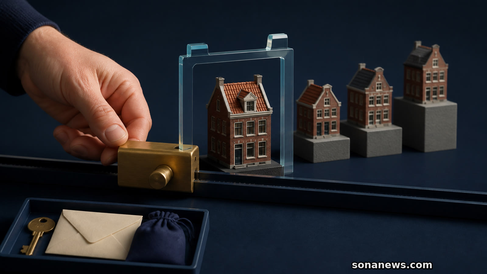 Hand zet een messing biedstop vóór een Nederlands miniatuurhuis in een transparant taxatiekader.