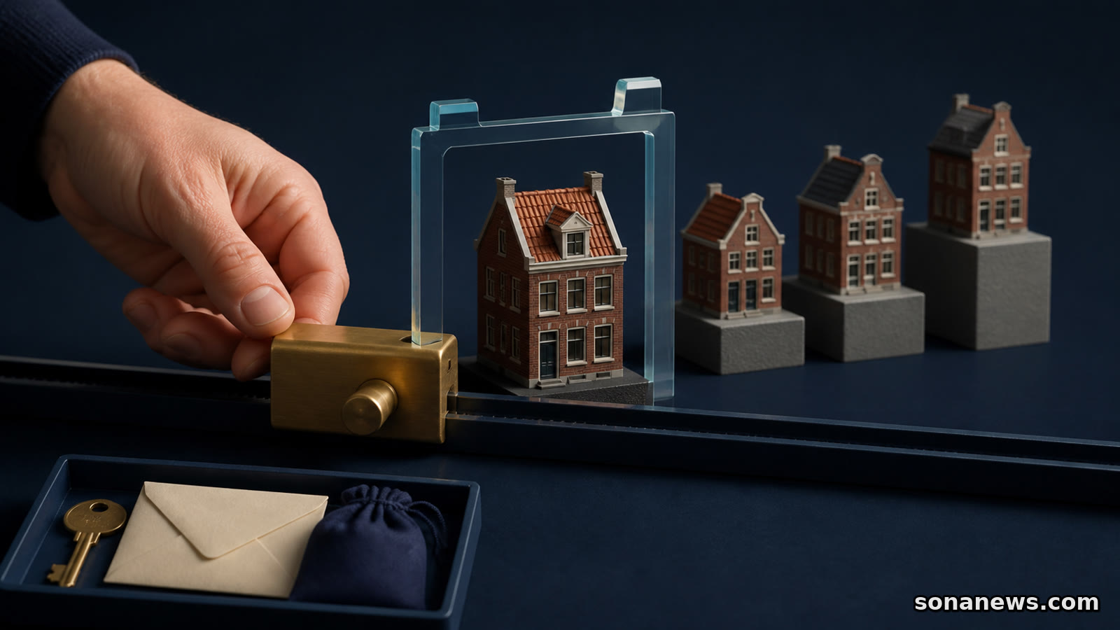 Hand zet een messing biedstop vóór een Nederlands miniatuurhuis in een transparant taxatiekader.