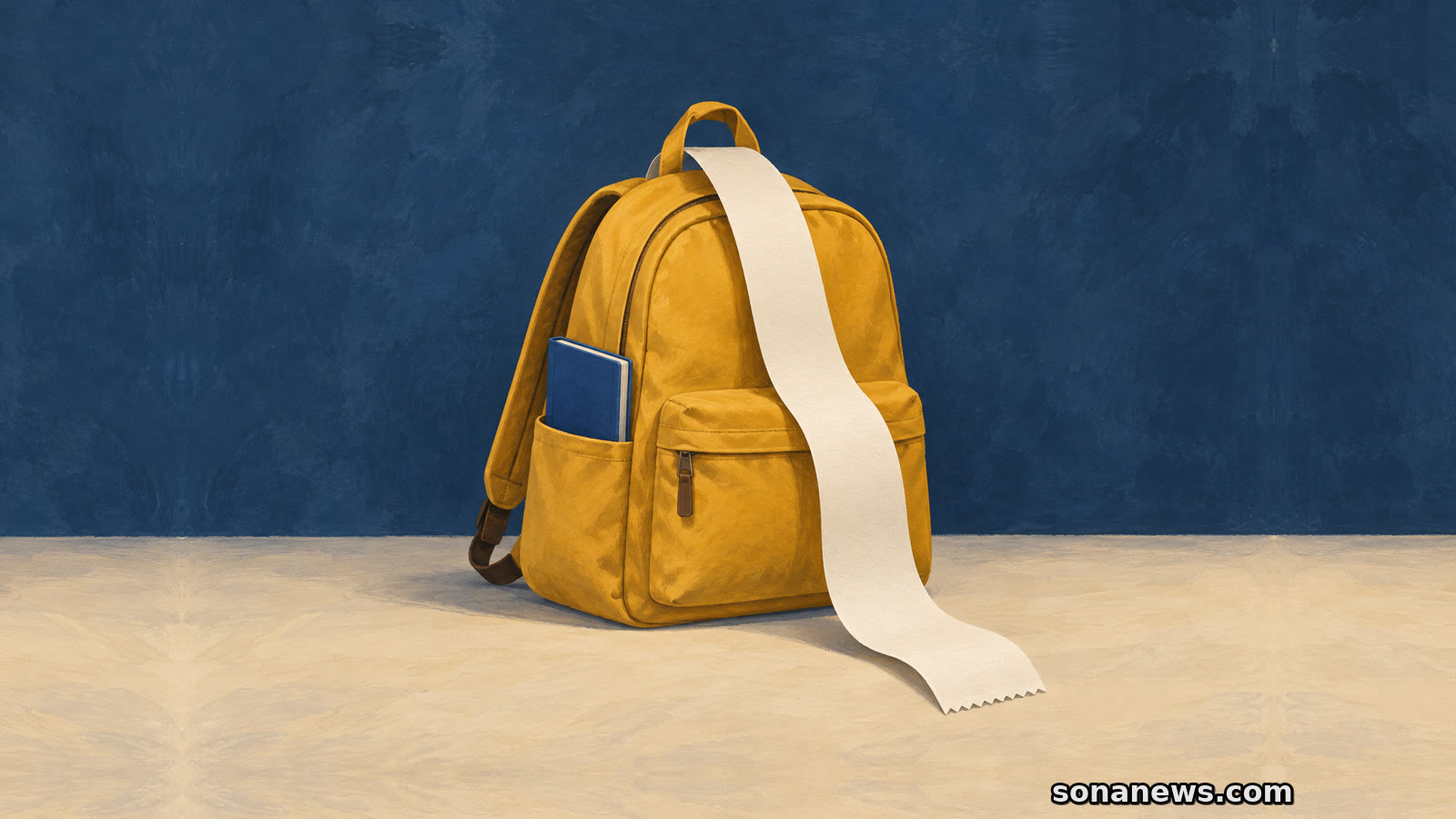 Okergele schoolrugzak met een blauw schrift en een doorlopende blanco rekeningstrook, als illustratie van lesgeld dat niet automatisch vervalt na stoppen.