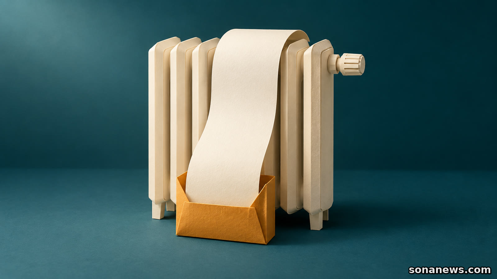 Papieren radiator met een blanco rekeningstrook in een amberkleurige hoes, als conceptuele illustratie van gedeeltelijke steun uit het Noodfonds Energie.