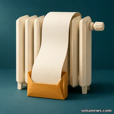 Papieren radiator met een blanco rekeningstrook in een amberkleurige hoes, als conceptuele illustratie van gedeeltelijke steun uit het Noodfonds Energie.