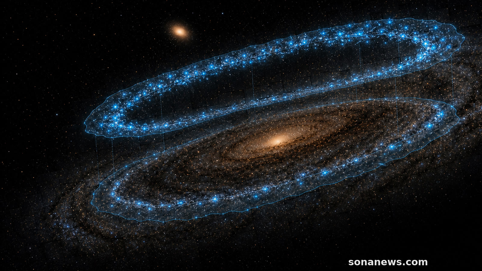 Conceptuele tijdlagen boven Andromeda vergelijken een dichtere en ijlere stervormingsring naast satellietstelsel M32.