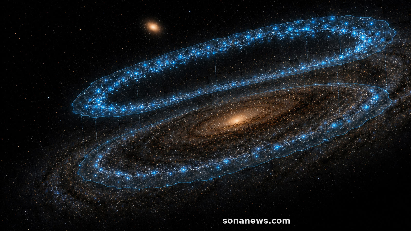 Conceptuele tijdlagen boven Andromeda vergelijken een dichtere en ijlere stervormingsring naast satellietstelsel M32.