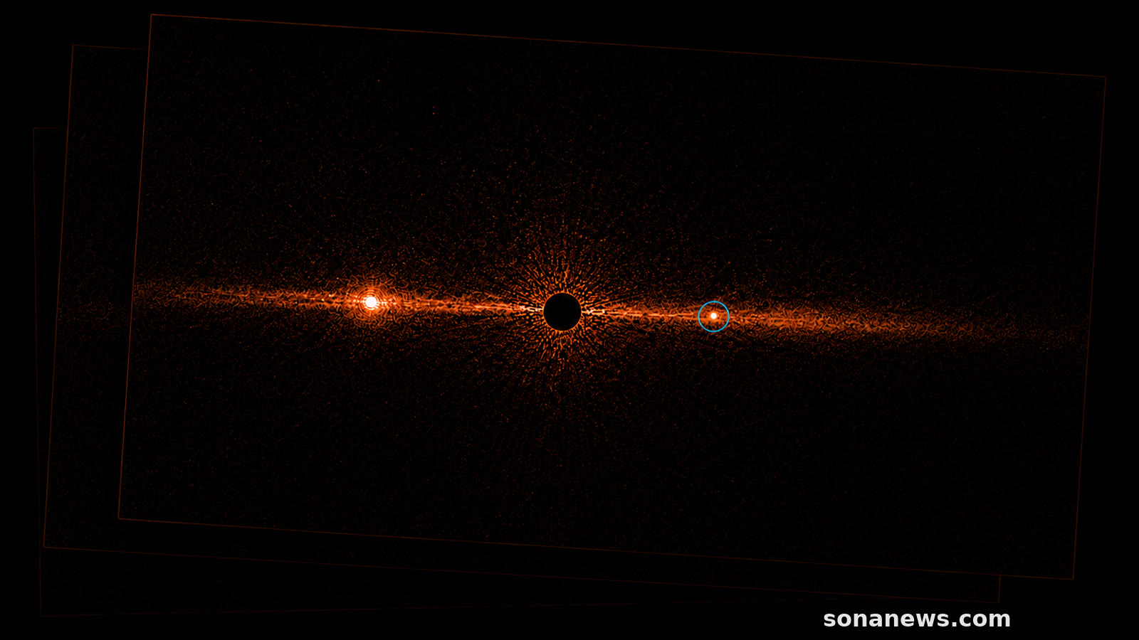 Infraroodachtige analyse van Beta Pictoris met de nieuwe planeet d als omcirkelde lichtstip.