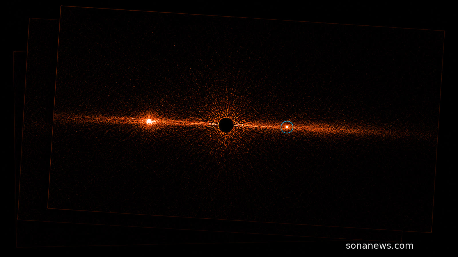 Infraroodachtige analyse van Beta Pictoris met de nieuwe planeet d als omcirkelde lichtstip.