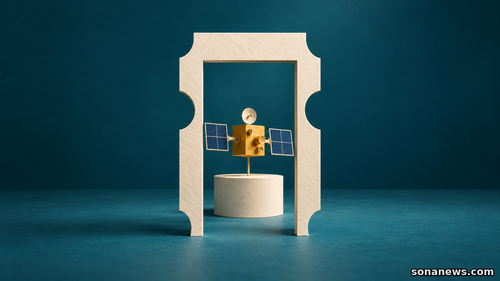 Een papieren toegangsticket vormt een poort rond een satellietmodel op een sokkel, als conceptuele illustratie bij de ESTEC Open Dag.