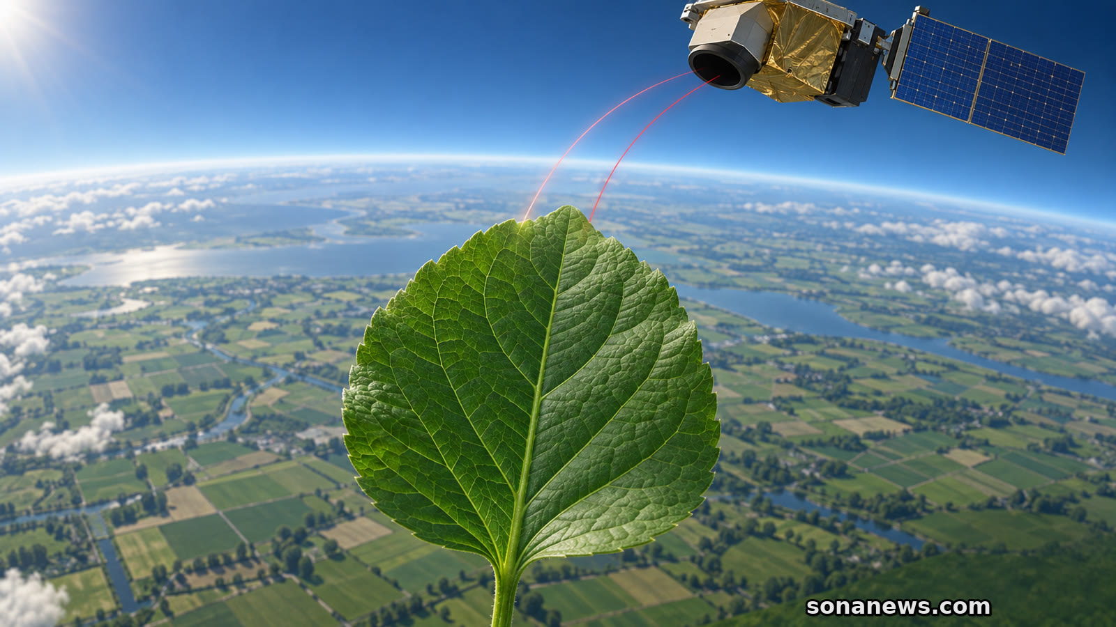 Een daglichtillustratie toont een natuurlijk groen blad waarvan een satellietspectrometer een zwak rood fluorescentiesignaal opvangt boven landbouwvelden.