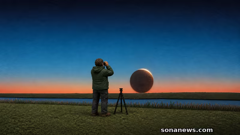 Handgemaakte illustratie van een waarnemer die een diep verduisterde maan laag boven een vlakke Nederlandse horizon bekijkt