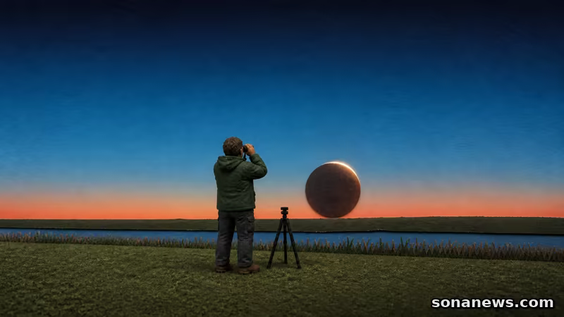 Handgemaakte illustratie van een waarnemer die een diep verduisterde maan laag boven een vlakke Nederlandse horizon bekijkt