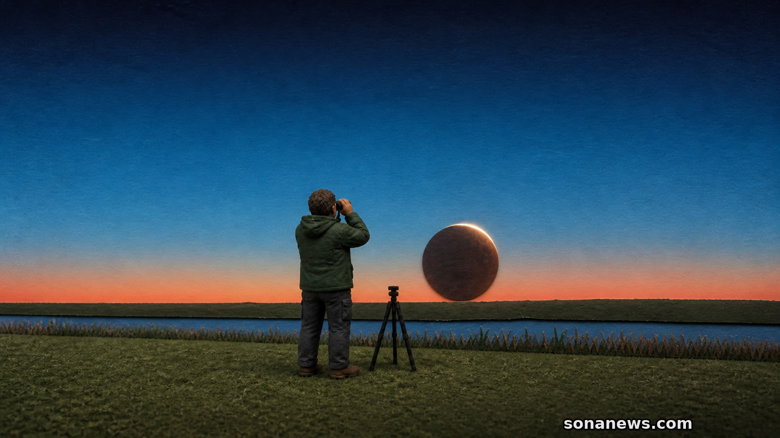 Handgemaakte illustratie van een waarnemer die een diep verduisterde maan laag boven een vlakke Nederlandse horizon bekijkt