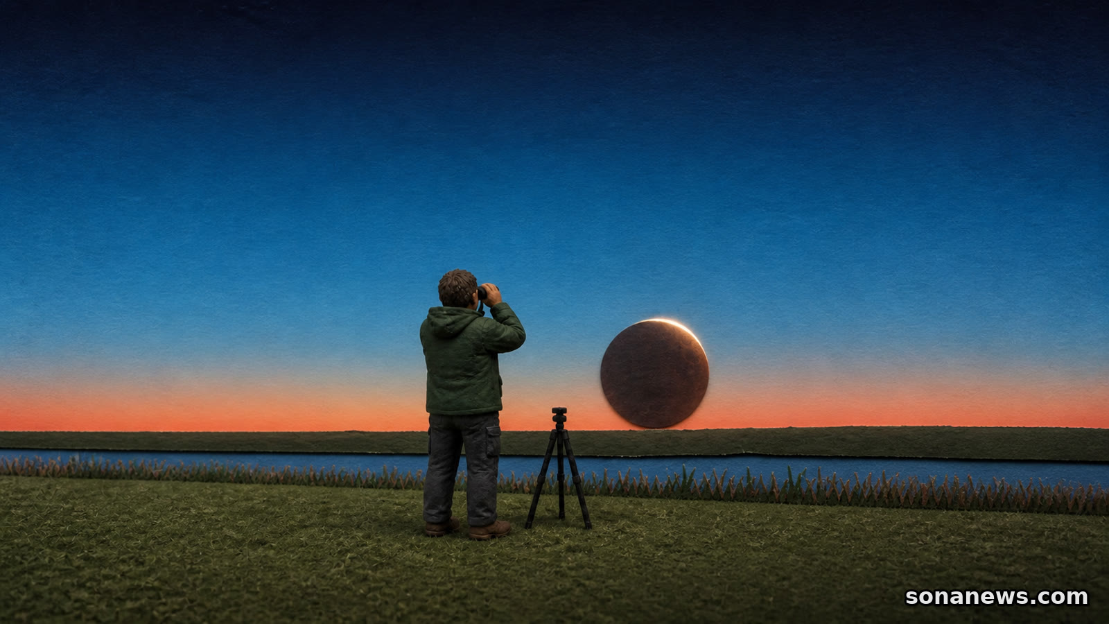 Handgemaakte illustratie van een waarnemer die een diep verduisterde maan laag boven een vlakke Nederlandse horizon bekijkt