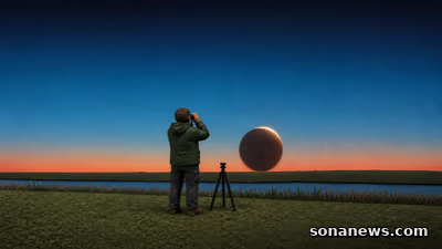Handgemaakte illustratie van een waarnemer die een diep verduisterde maan laag boven een vlakke Nederlandse horizon bekijkt