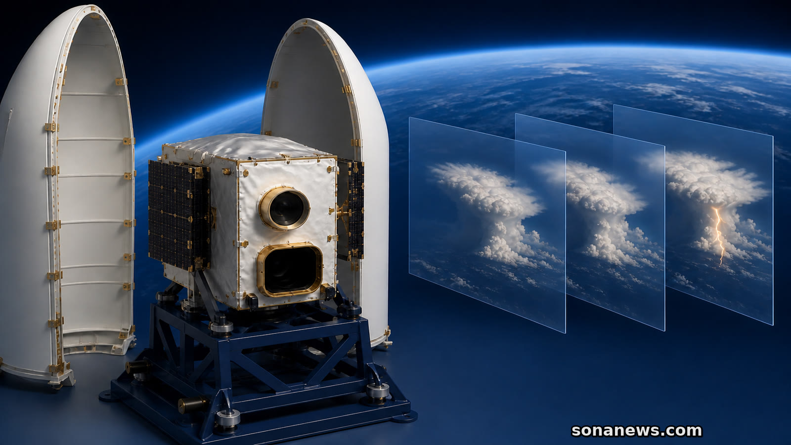 Conceptuele MTG-I2-weersatelliet in open lanceerconfiguratie naast drie snelle beelden van een groeiende onweersbui boven Europa.