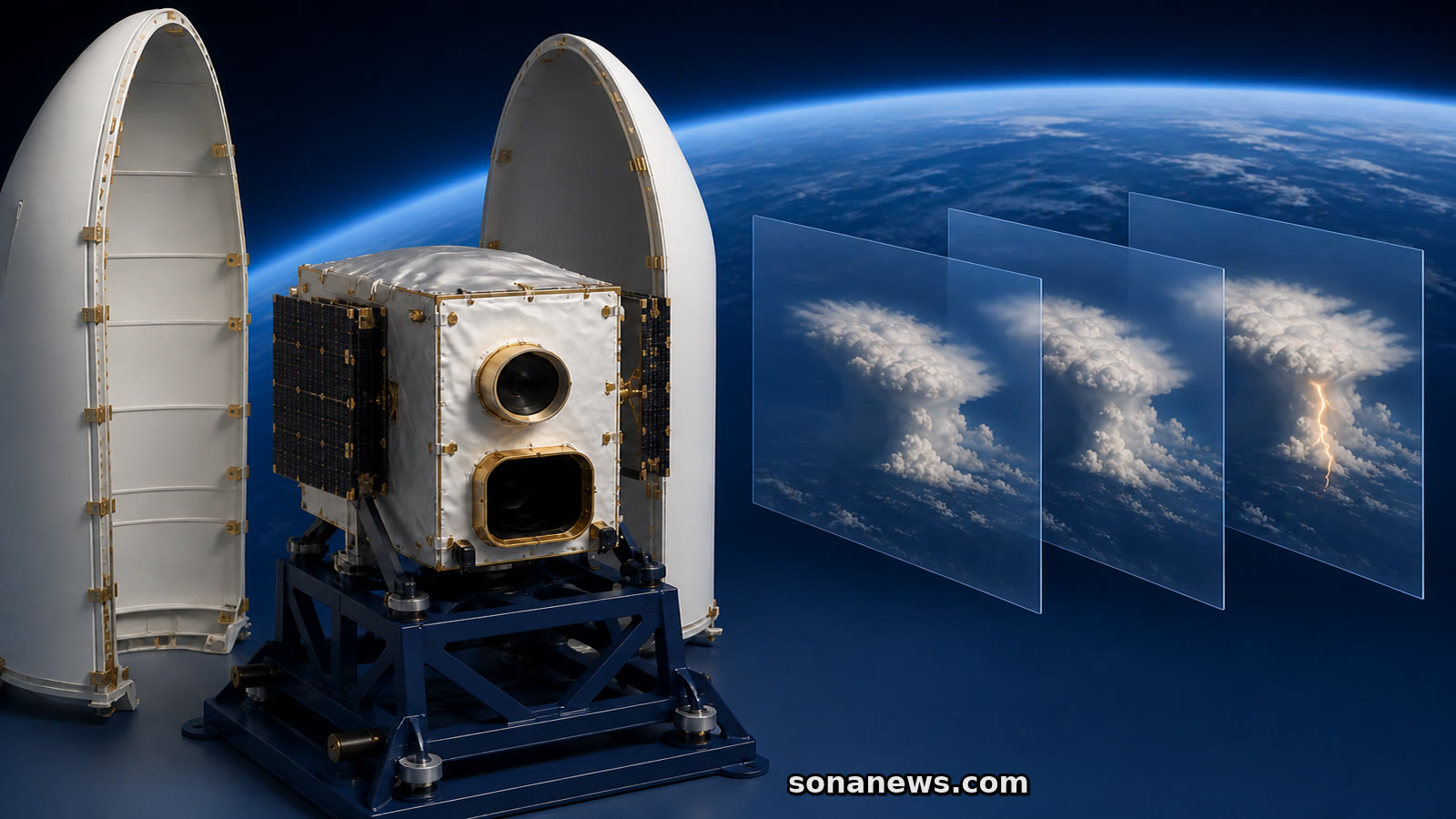 Conceptuele MTG-I2-weersatelliet in open lanceerconfiguratie naast drie snelle beelden van een groeiende onweersbui boven Europa.