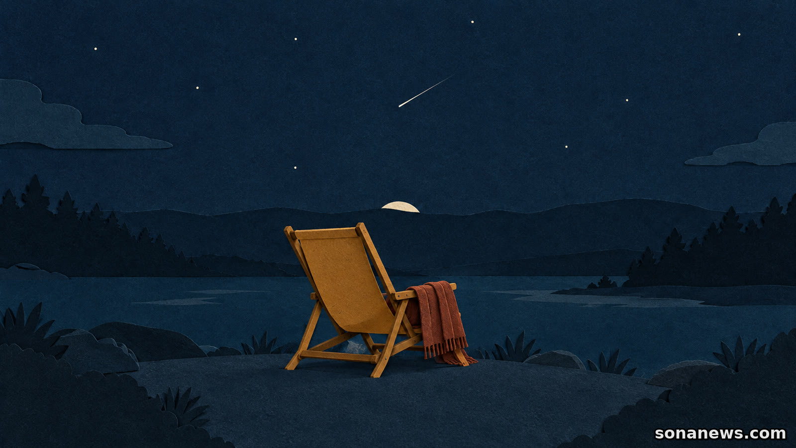 Okerkleurige ligstoel met deken in een papieren nachtlandschap, met een maanrand achter de horizon en één meteoor als illustratie bij de Orioniden.