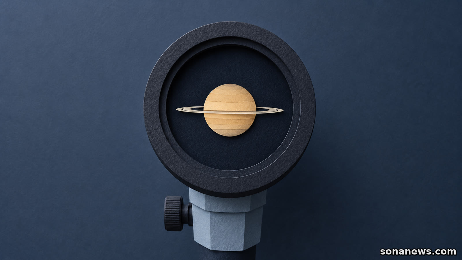 Papieren Saturnus met smalle ringen in een donker telescoopoculair, met een lichtblauwe houder en scherpstelknop als schematische illustratie.