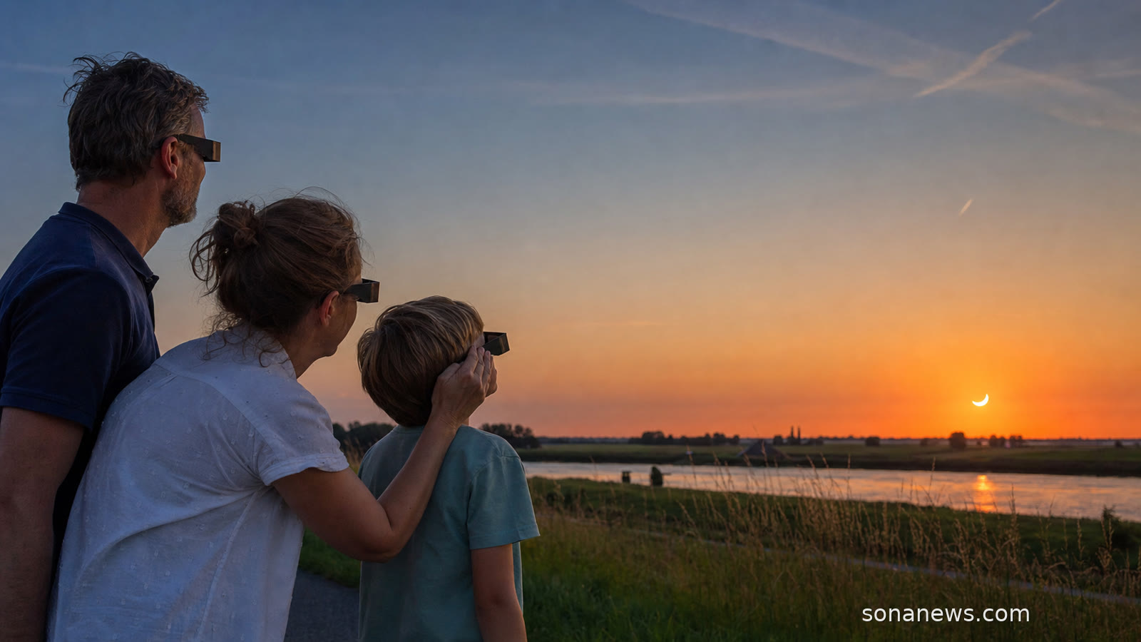 Gezin op een Nederlandse dijk kijkt met eclipsbrillen naar een laagstaande sikkelvormige zon boven de westelijke horizon.