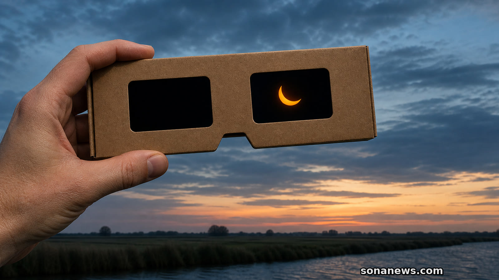 Conceptuele zonnesikkel door een eclipsviewer boven een lage Nederlandse horizon tijdens de gedeeltelijke zonsverduistering.