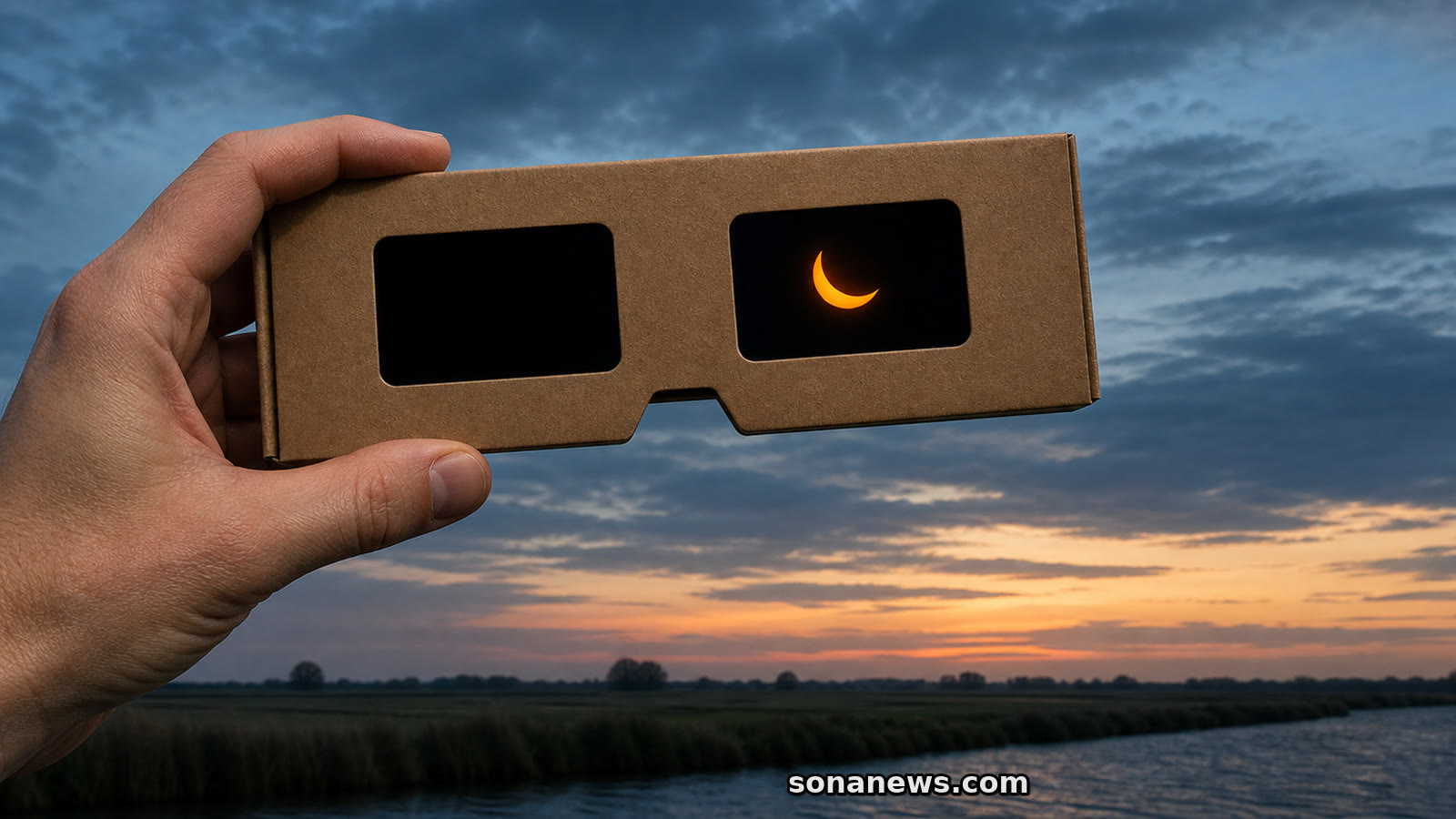 Conceptuele zonnesikkel door een eclipsviewer boven een lage Nederlandse horizon tijdens de gedeeltelijke zonsverduistering.